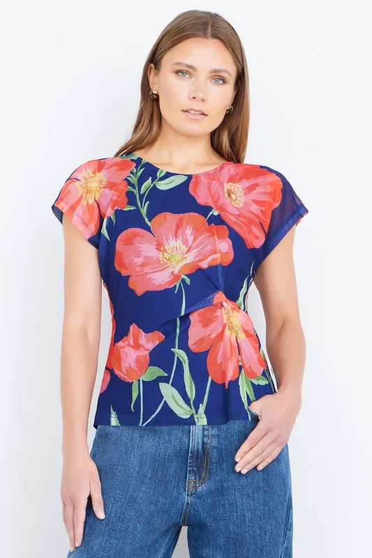 Yumi Women's Navy Poppy Mesh Top Size: 10 - Navy - Size: 10