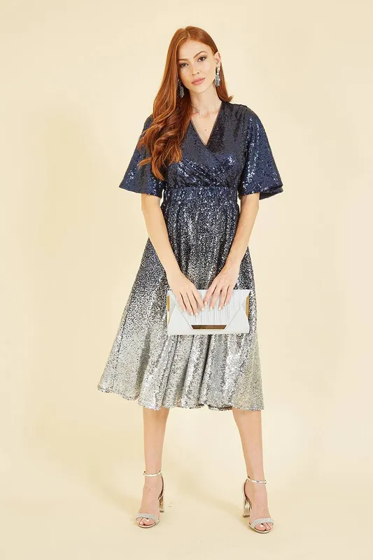 Yumi Women's Navy & Silver Ombre Sequin Midi Wrap Dress Size: 10 - Navy