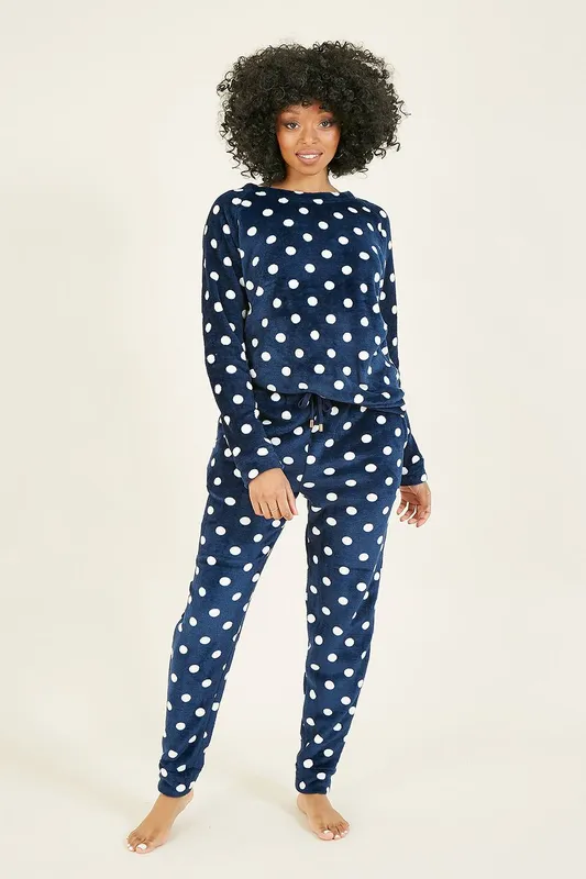 Yumi Women's Navy Spot Super Soft Fleece Pyjamas Size: 10 - Navy