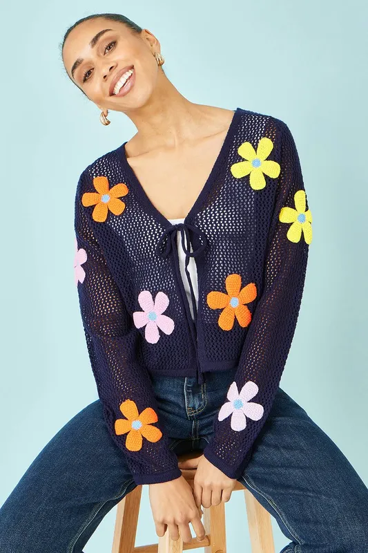 Yumi Women's Navy Tie Front Cardigan With Flower Design Size: Small Navy S