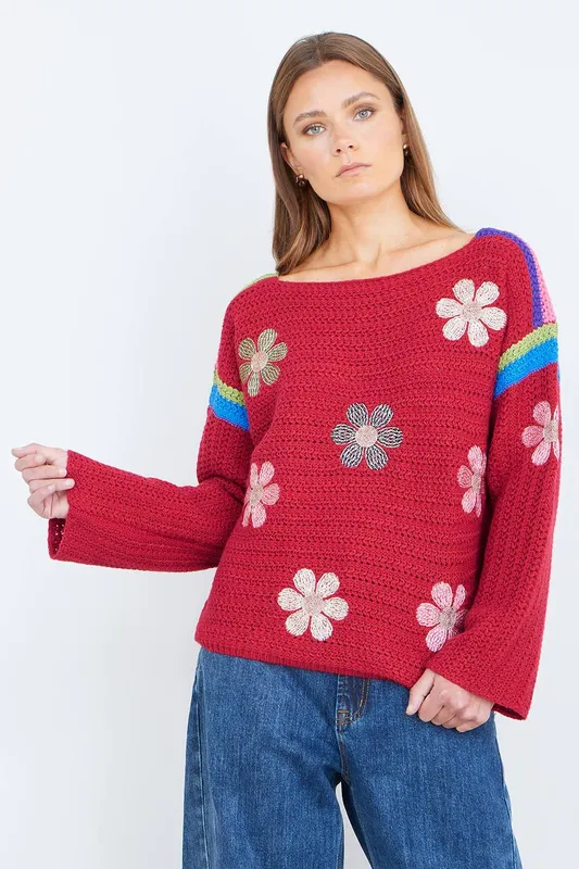 Yumi Women's Red Crochet Flower Jumper Size: Medium Red