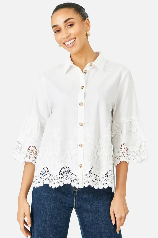 Yumi Women's White Cotton Lace Border Shirt Size: 8 White 8