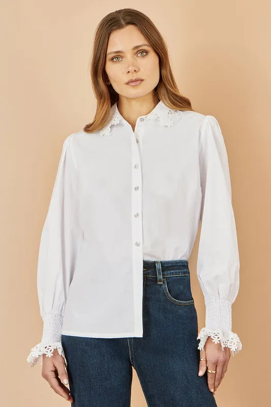 Yumi Women's White Lace Trim Shirt Size: 14 - White