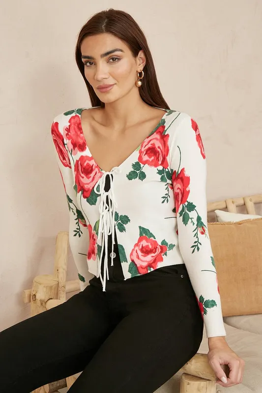 Yumi Women's White Rose Print Cardigan With Tie Front Size: Small White S