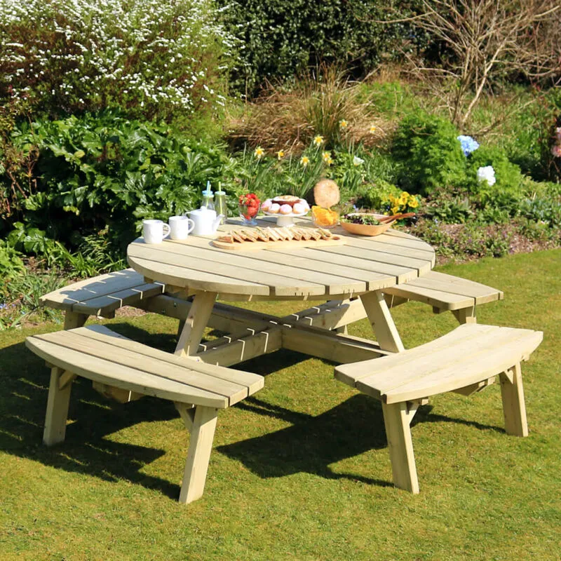Zest Rose Round Wooden Picnic Table Garden Bench Seat Pefc 8 Seater