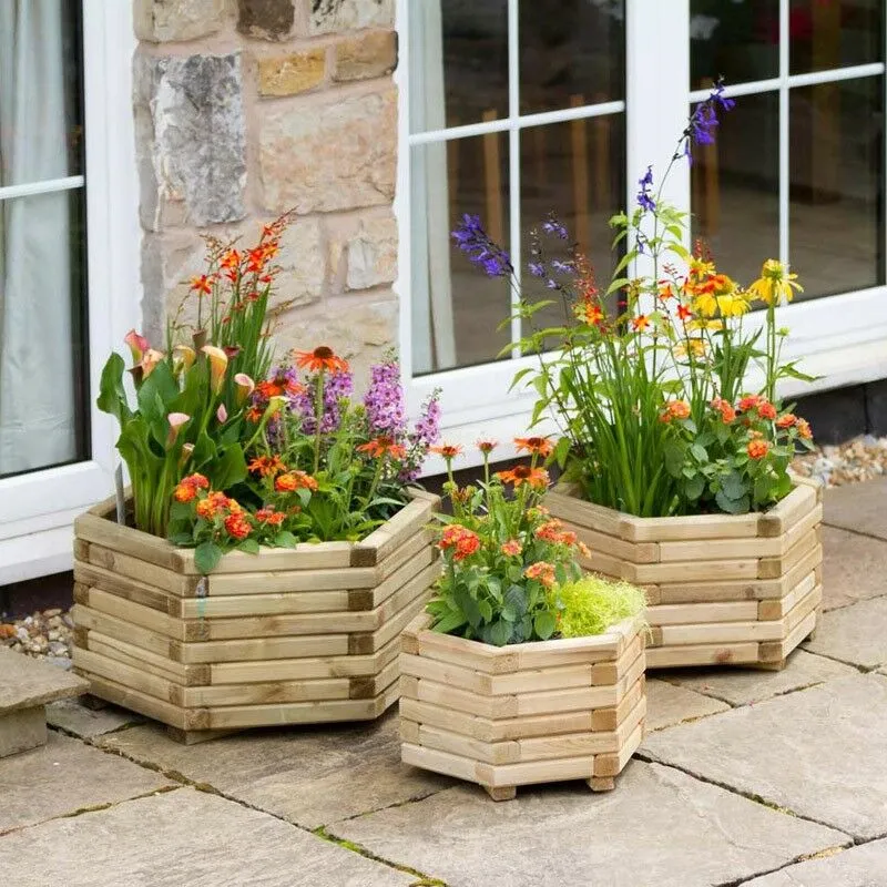 Zest - Set of 3 Marford Wooden Hexagonal Garden Planters Flowers