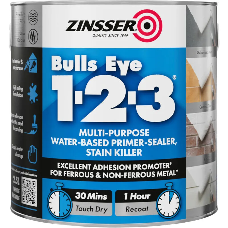 Zinsser - Bulls Eye 1-2-3 - Primer-sealer - Stain Killer - 2.5 Litre - Grey
