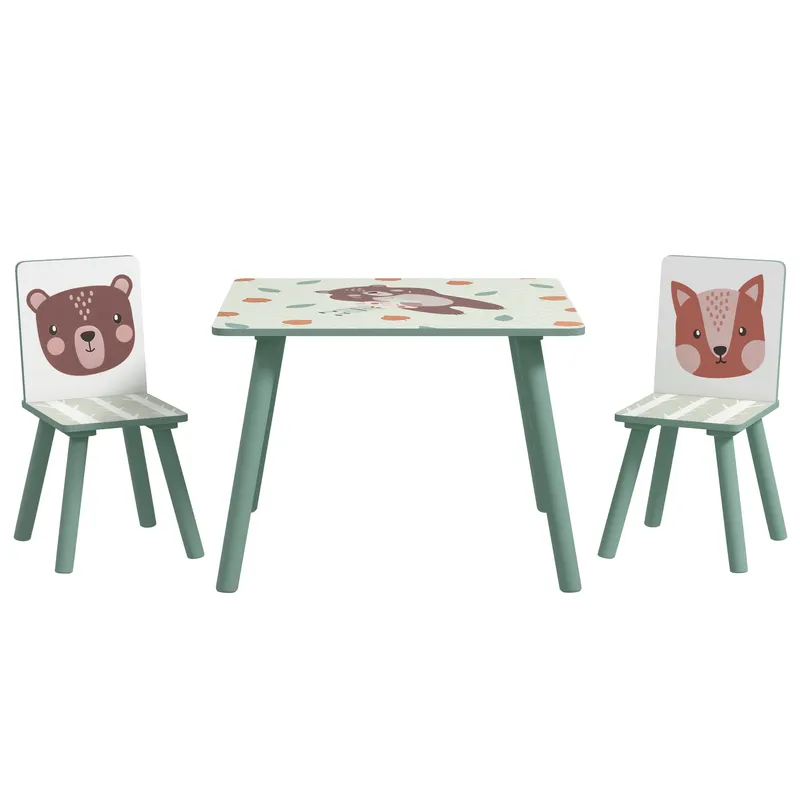 Zonekiz Kids Table and Chairs, Children Desk with 2 Chairs, 3 Pieces Toddler Activity Furniture Set for Bedroom, Nursery, Playroom, Green