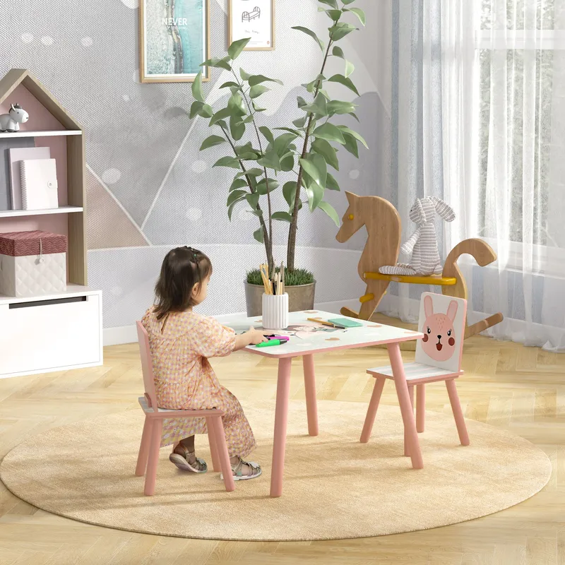 Zonekiz Kids Table & Chairs, Children Desk with Two Chairs, Three Piece in Pink Pink